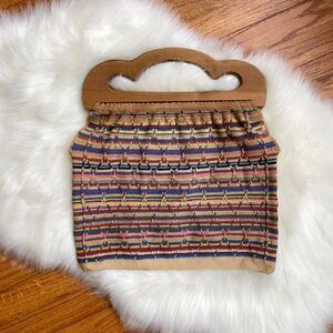 Vintage Rainbow Stripe Crochet Purse Wood Handle Boho Hippie Retro 70s Diamond